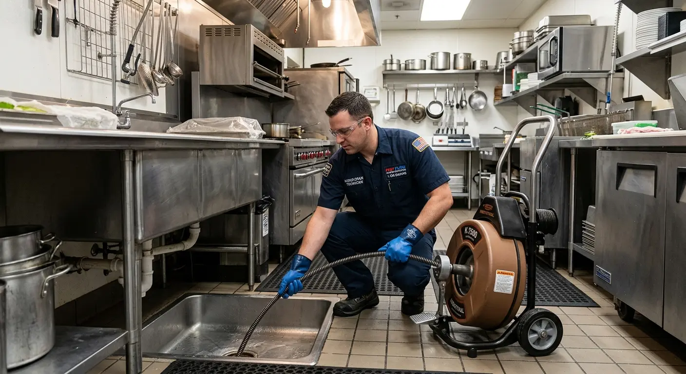 Commercial drain cleaning service in a restaurant kitchen in Running Springs