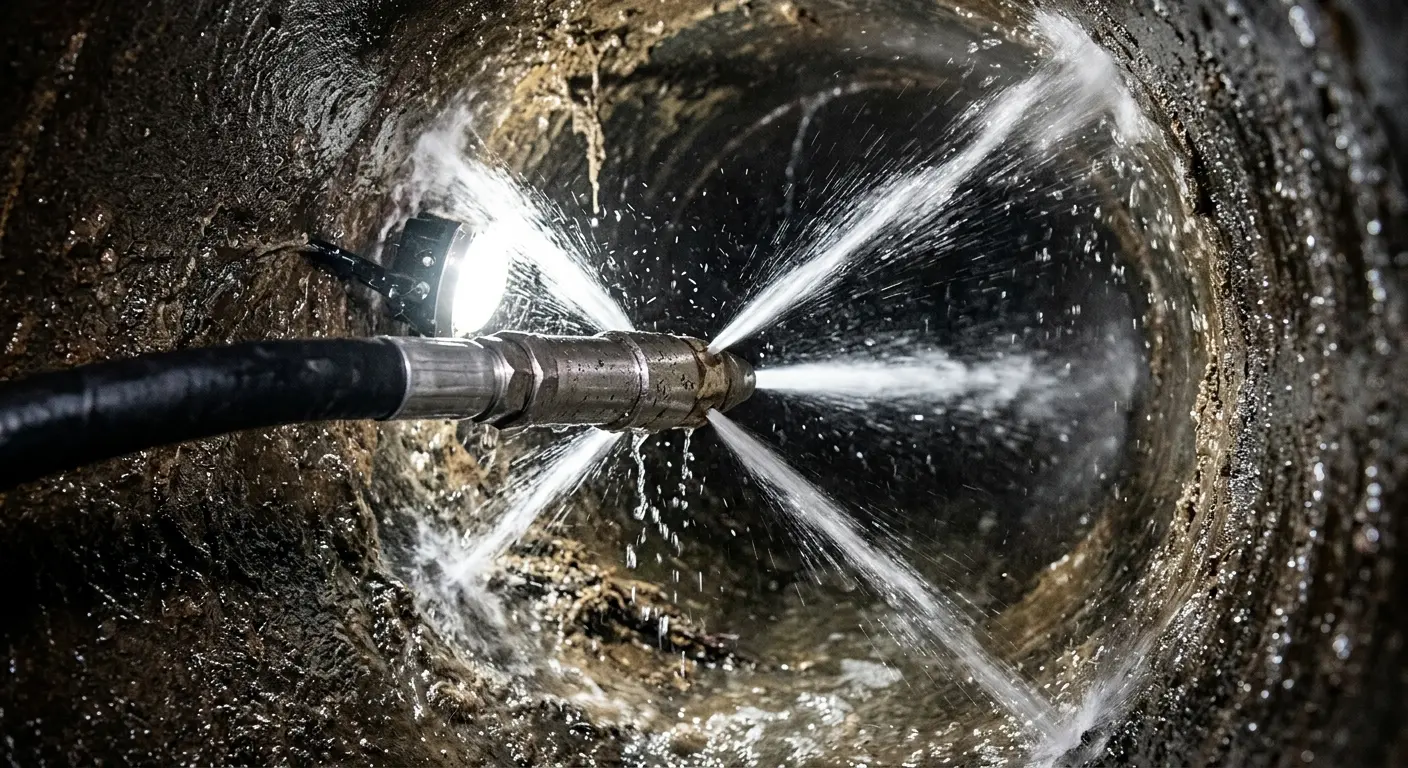 High-pressure hydro jetting nozzle cleaning sewer pipe for Trenchless Sewer Repair in Running Springs