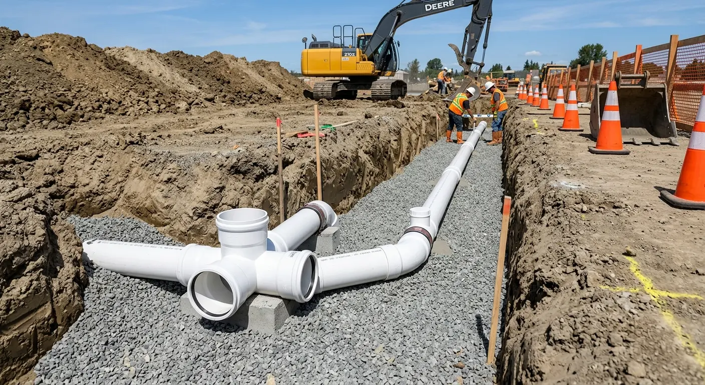 New PVC sewer pipe installation in open trench for Commercial Drain Cleaning in Running Springs