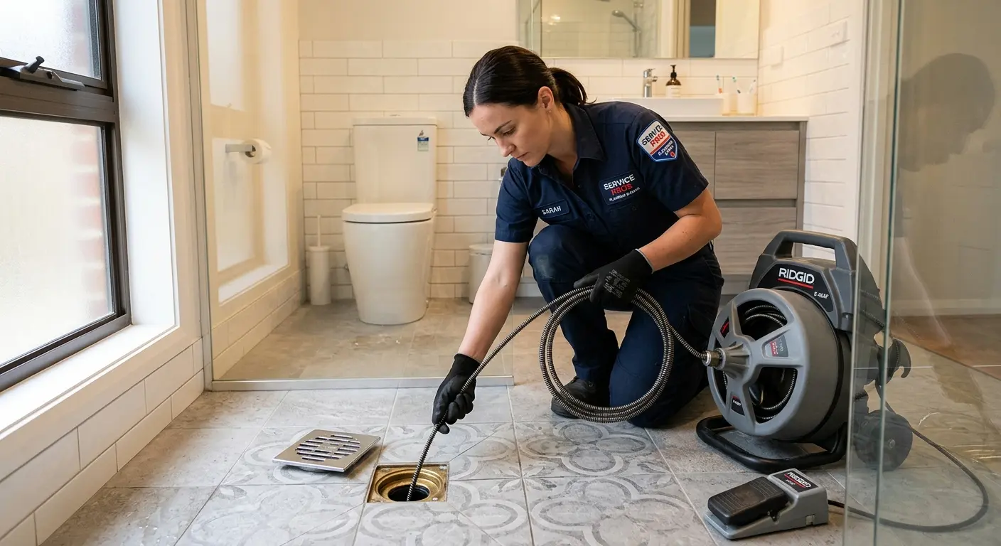 Technician clearing a bathroom floor drain for Clogged Drain Repair in Running Springs
